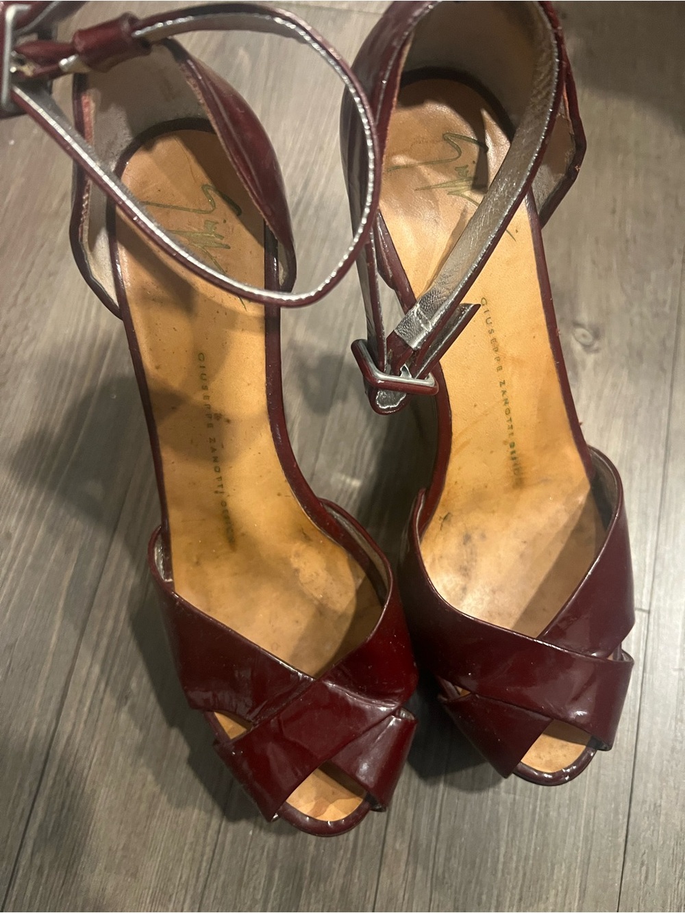 Giuseppe Zanotti Women's Patent Peep-Toe Ankle-Strap Heels in Burgundy